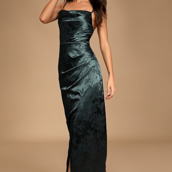 Lulus Under The Moonlight Emerald Green Satin Jacquard Maxi Dress - Size XL - Picture 1 of 1